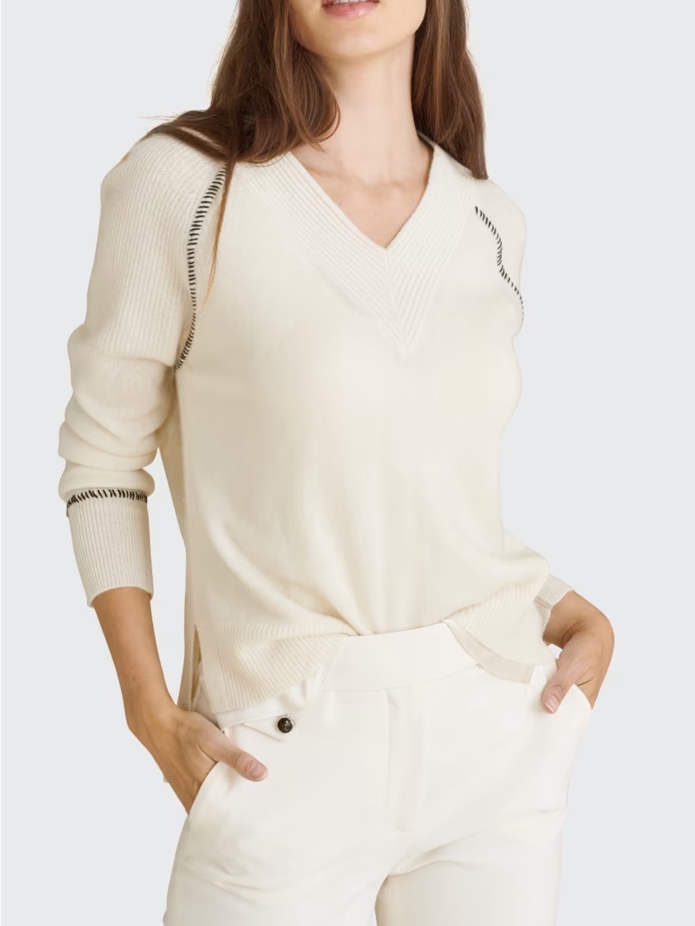 Veronica Beard Preta Ivory Cashmere Whipstitch V-Neck Sweater M Minimalist